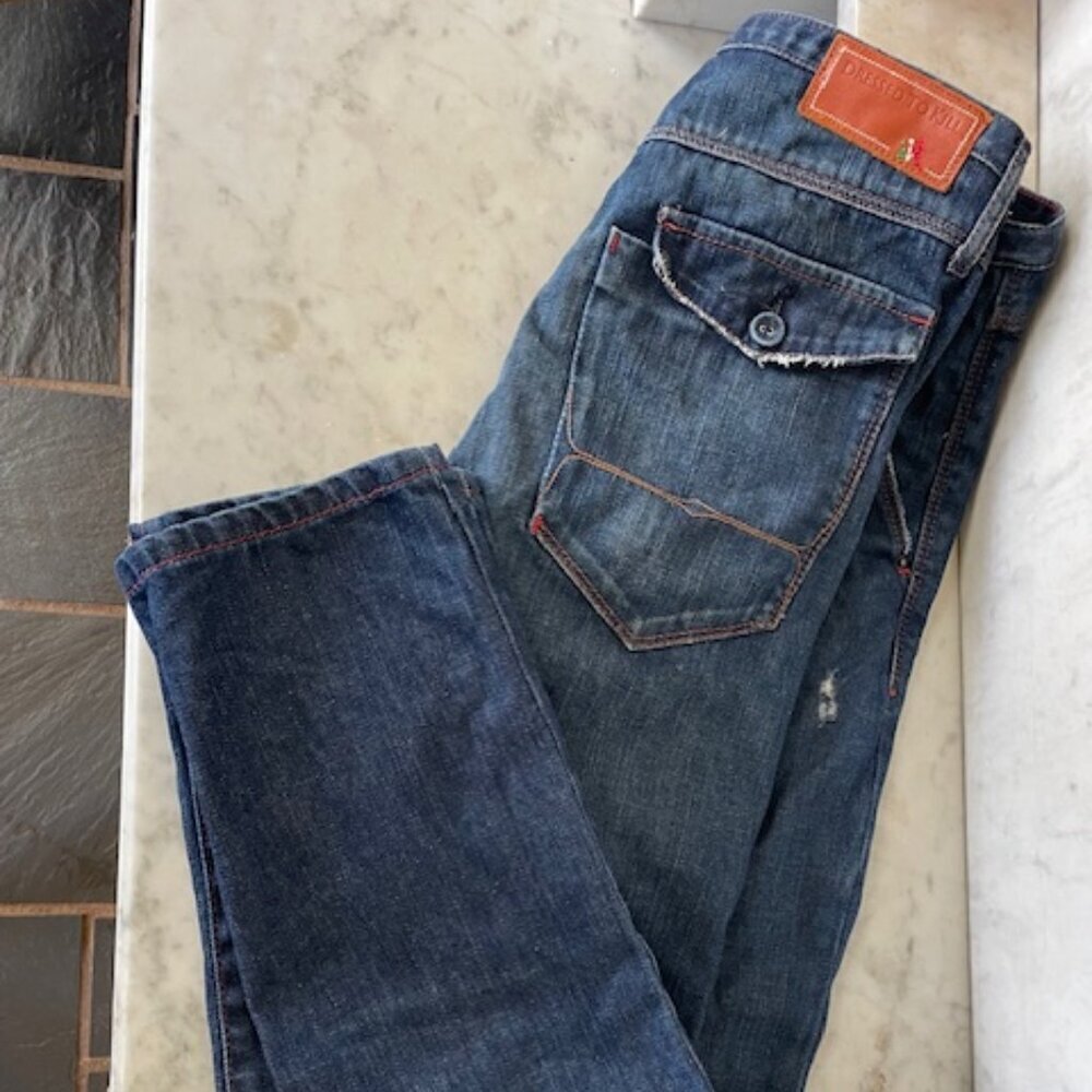 DRESSED TO KILL Vintage Distressed Flap Pocket Blue Jeans Red Stitching 27